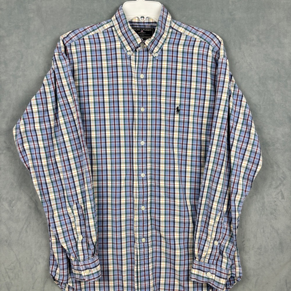 Ralph Lauren Sport Mens Medium Blue Plaid Cotton Button Down Shirt Long Sleeve